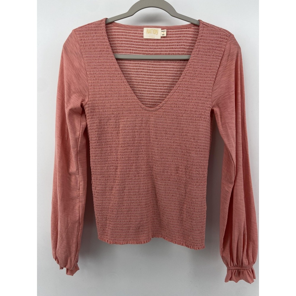 Nation LTD Top Womens Small Pink Smocked Cotton V Neck Balloon Sleeve Stretch